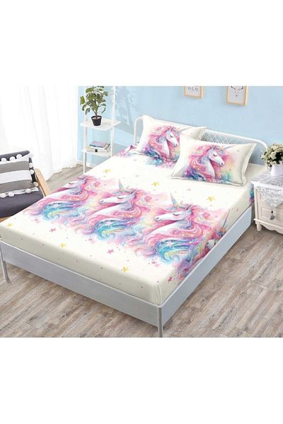 OEM Husa de Pat, cu Elastic, 3 Piese, Finet, 180x200cm, Imprimeu Unicorni, Multicolor