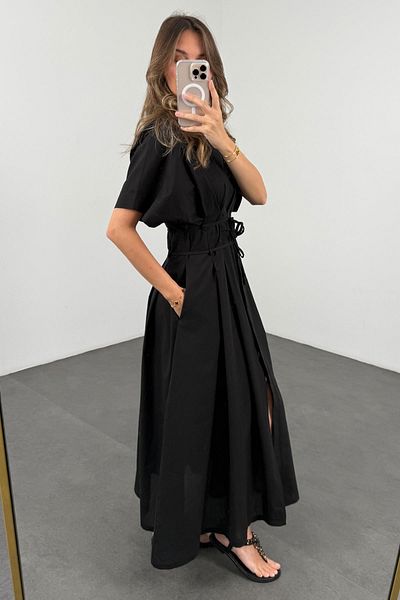 5in1Canpolat Μαύρο φόρεμα Voile Maxi Boy με κορδόνι 36518