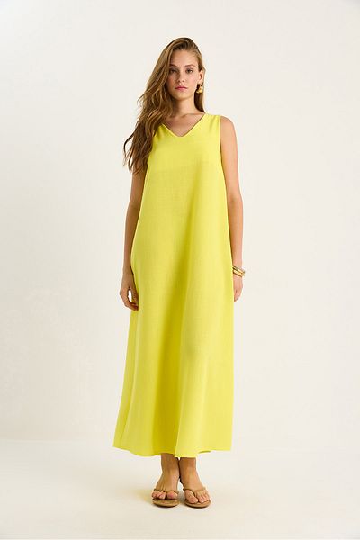 Bianco Lucci Women's V-Neck Thick Strap Long Linen Dress 442 60283172