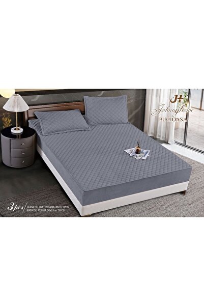 OEM Bed Cover and 2 Pillowcases, Velvet, Quilted Topper, 160x200cm, Light Grey