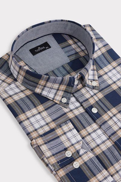 Tudors Men's Big Size Large Size Buttoned Collar Small Checkered Cotton Shirt