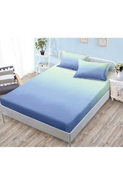 OEM Husa de pat si 2 fete de perna, cu elastic, Finet, 2 persoane, imprimeu Degrade, 180x200cm, Turcoaz
