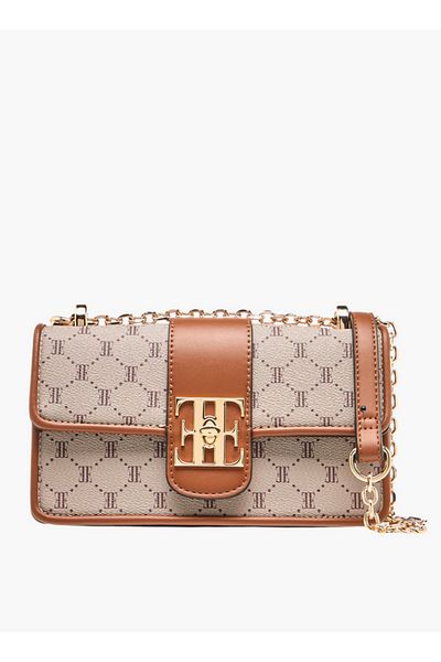 ELLE Monogram Print Crossbody Bag with Chain Strap and Flap Closure