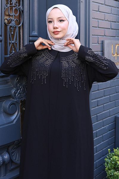 hafsamina Μαύρο φόρεμα με χάντρες και πέτρες Plus Size Mother HM2769