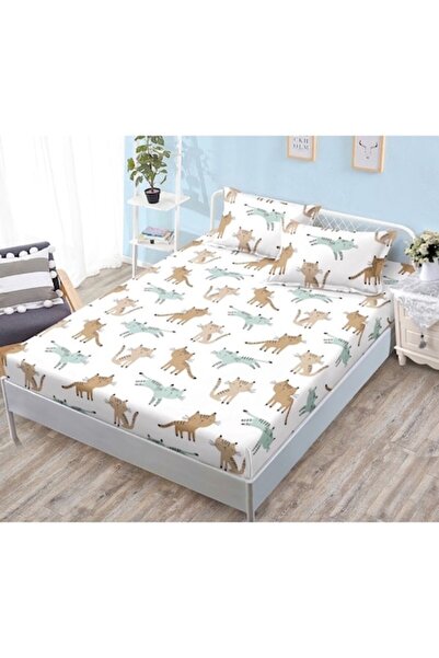 OEM Husa de Pat, cu Elastic, 3 Piese, Bumbac Satinat, 180x200cm, Imprimeu Pisicute, Multicolor