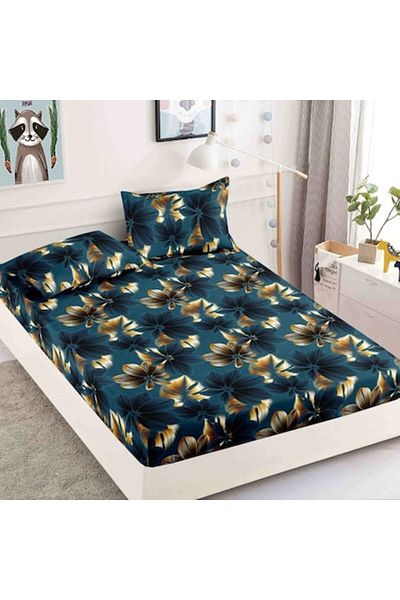 JOJO HOME Double Bed Sheet with Elastic, Jojo Home, Finet, 3 Pieces, Floral Print, Navy Blue-Beige, 180x200cm