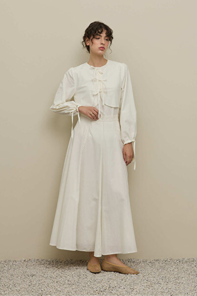 Fahhar Stripe Detailed Godeli Skirt Ecru