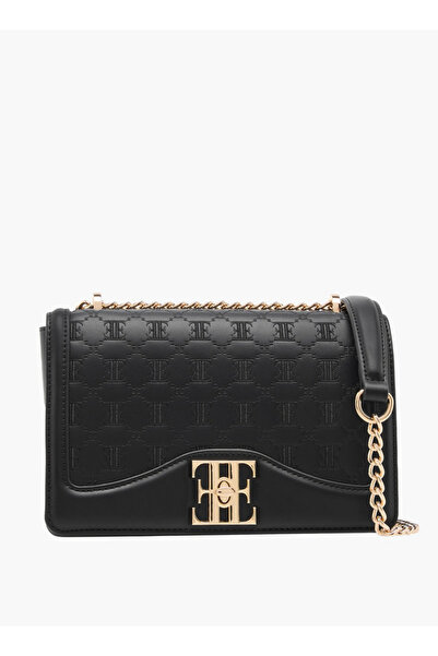 ELLE Monogram Embroidered Crossbody Bag with Chain Strap and Flap Closure - W 8.5 x H 16.5 x D 23 cm