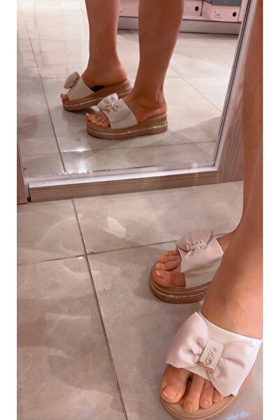 Guja Ac25Y398 High Heel Comfortable Stylish Women's Leather Slippers with Bow and Stone