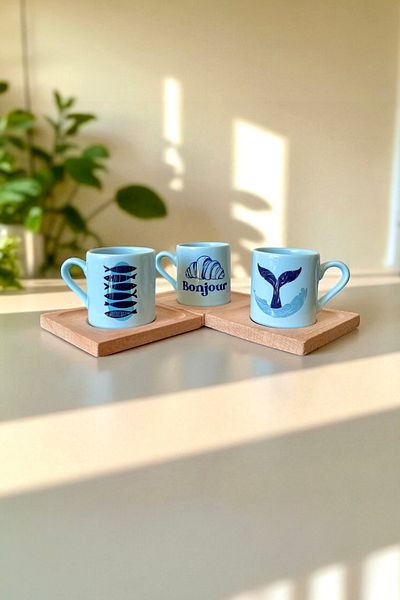 DVOYAGE Matin Bleu - Set of 3 French Seaside Inspired Turkish Coffee/Espresso Cups (with Wooden Base)