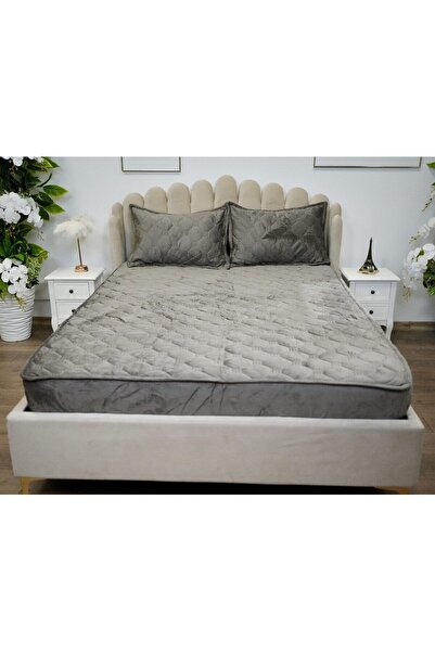 OEM Husa de pat si 2 fete de perna, Catifea, Topper Matlasat 160x200 cm, gri