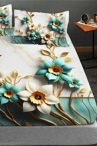 MonoHome 100% Cotton Fitted Sheet Special Design 5D Digital 60 Wire Turquoise