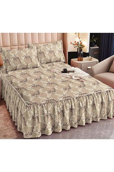OEM Double Bed Sheet with Ruffles, Floral Print, 3 Pieces, Finet, 160x200cm, Beige Shades