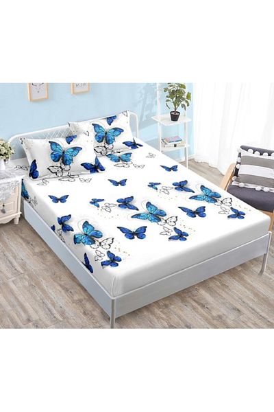 OEM Double Bed Sheet and Pillowcases, Finet, Blue Butterfly Print, 180x200cm, 3 pieces, 2 persons