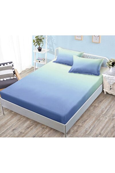 OEM Husa de pat si 2 fete de perna, cu elastic, Finet, 2 persoane, imprimeu Degrade, 180x200cm, Turcoaz