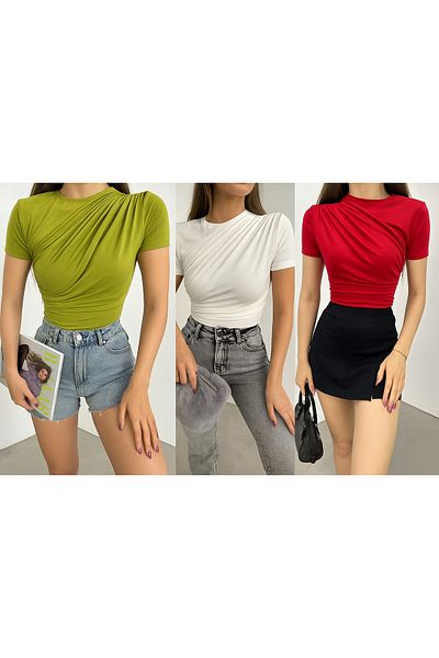 Butik Beyza Set of 3 Short Sleeve Gathered Blouse Oil Green White Red