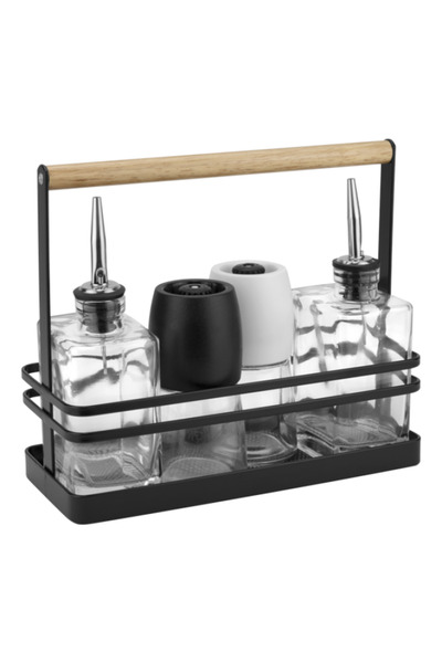 Raki Oliviera 5 piese cu suport metalic si sticle ulei si otet 250ml cu rasnite sare si piper 130ml