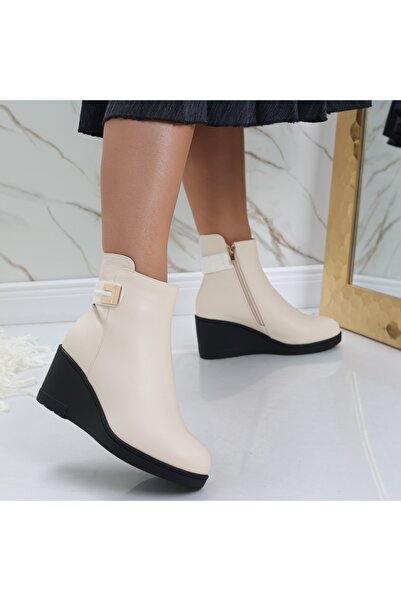 Botinelli Ghete de damă cu platformă și blană bej, din piele Arita, mărimea 40