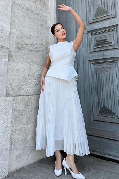 lodmela Βραδινό φόρεμα με κέντημα ώμου 2385-Λευκό