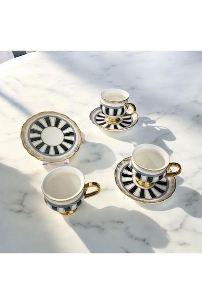 partridge store Gilded Black and White Tea Cup Set of 6