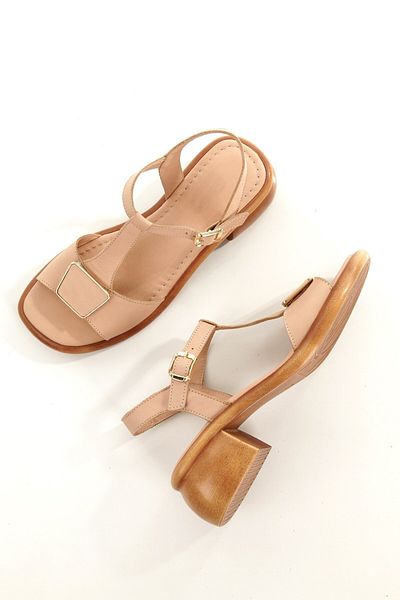 Modabuymus Tenus Beige Color Genuine Leather Buckle Sandals Thick Heels Women's Shoes