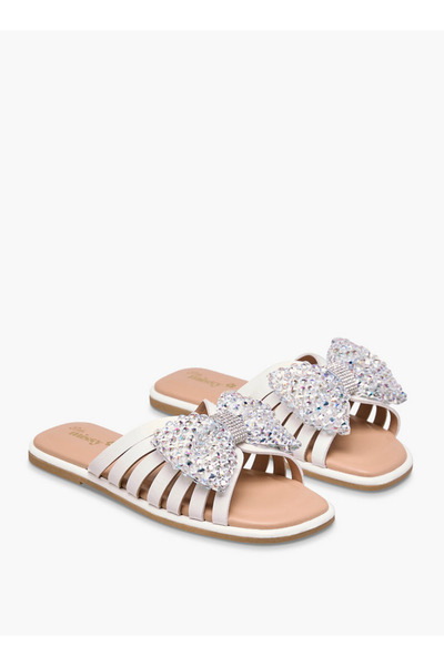 Little Missy Girls Embellished Bow Accent Slip-On Flat Sandals