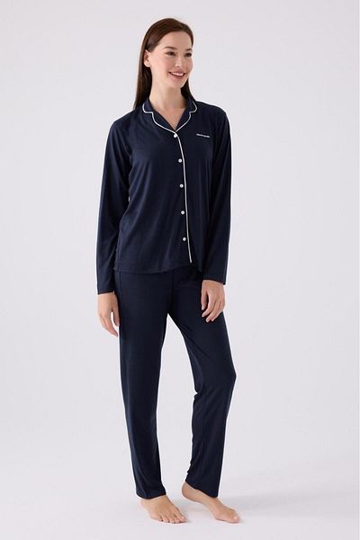 Pierre Cardin Women's Navy Blue Front Button Cotton Modal Pajama Set