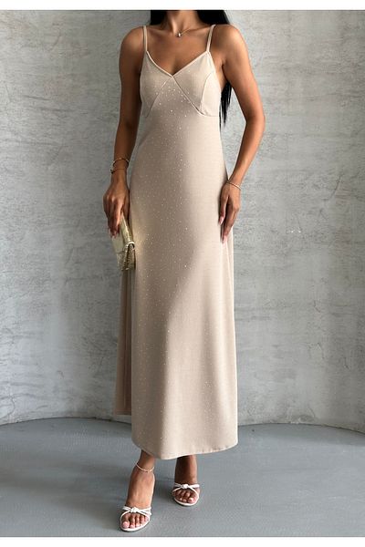 Moda Palmiss Women's Stone Thin Strap Stone Detailed Midi Dress