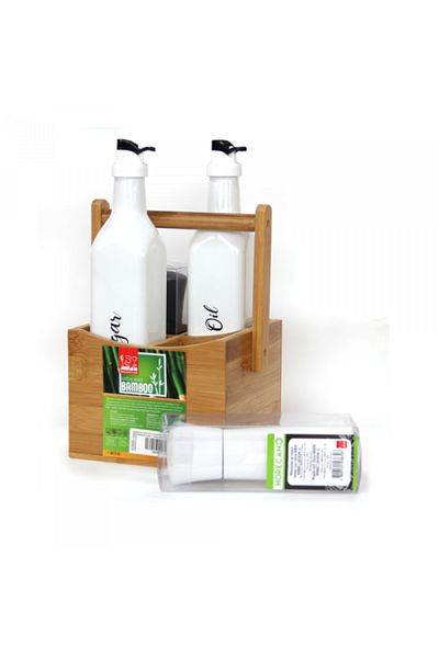 Raki Oliviera 5 pieces with bamboo stand with handle 15x15xh23cm 250ml bottles with mill grind