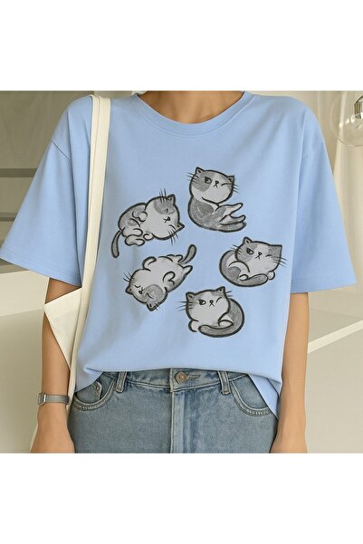 VOICTEC tricou oversize pentru femei cu imprimeu pisică cu decolteu