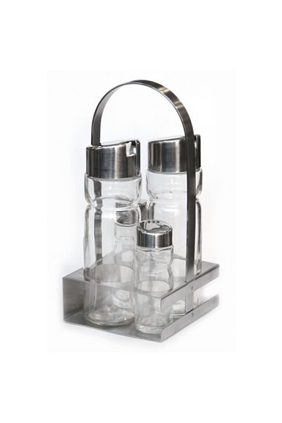 Raki 5-piece Oliviera set, with PREMIUM square stainless steel stand, 2 160ml oil/vinegar bottles, salt and pepper shakers