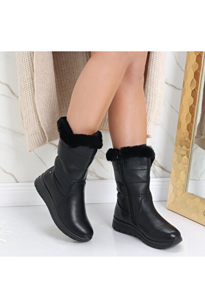 Botinelli Ghete de damă negre cu blană, din piele, Robina, mărimea 38