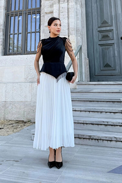 lodmela Βραδινό φόρεμα με κέντημα ώμου 2385-Μαύρο/Λευκό