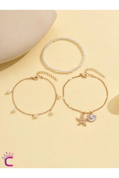 Cinderella Pearl Oyster Starfish 3-Piece Combination Beaded Chain Anklet - Beach Jewelry Foot Bracelet