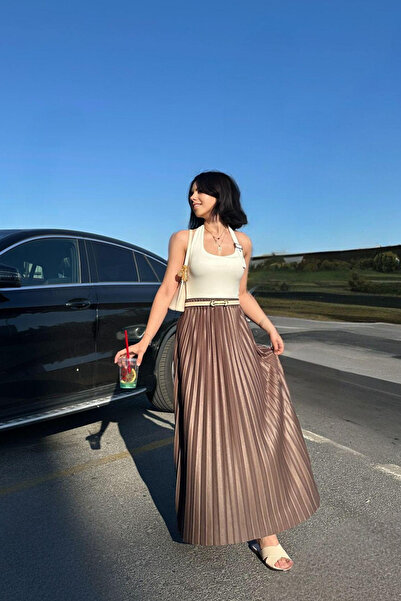 thesunfyre Γυναικεία καφέ φούστα με ελαστική μέση, ίσια πλισέ, μακριά πλισέ