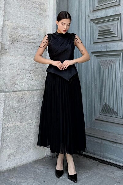 lodmela Omuz İşlemeli Pliseli Abiye Elbise 2385-Siyah