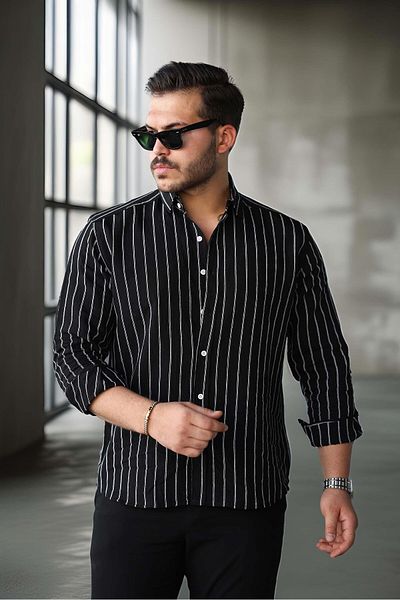 Valiberta Scorsese Striped Relaxed Fit Men's Shirt - Black