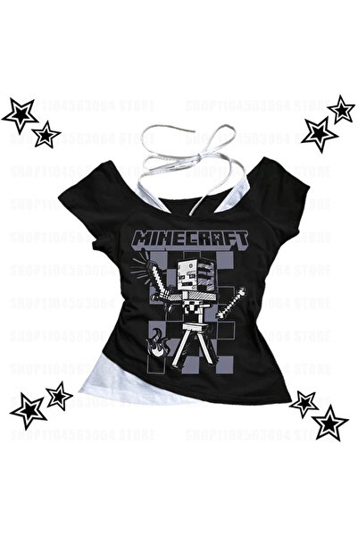 1blood Siyah Gothic MıneCraft Yaka Ek Askılı Kısa Kollu Full Body Crop