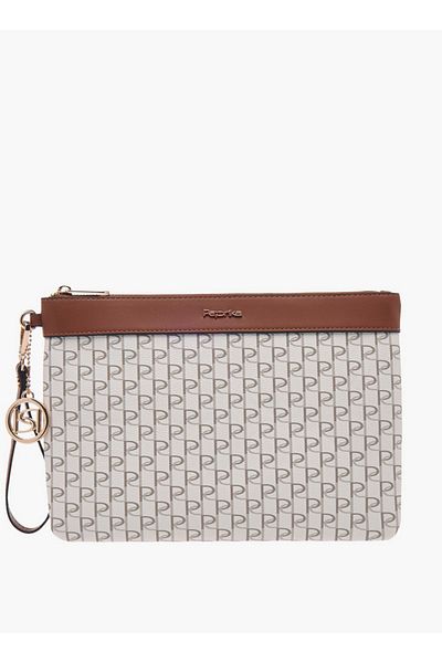 Paprika Monogram Print Clutch with Zip Closure and Wrist Loop