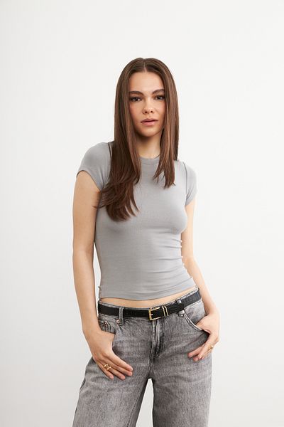 Hür Women's Gray Crew Neck Short Sleeve Ultra Soft Blouse