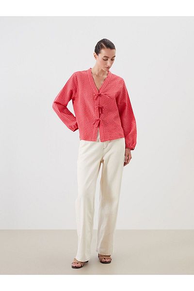 LC Waikiki Lcw Comfort V Neck Plaid Tie-Up Blouse