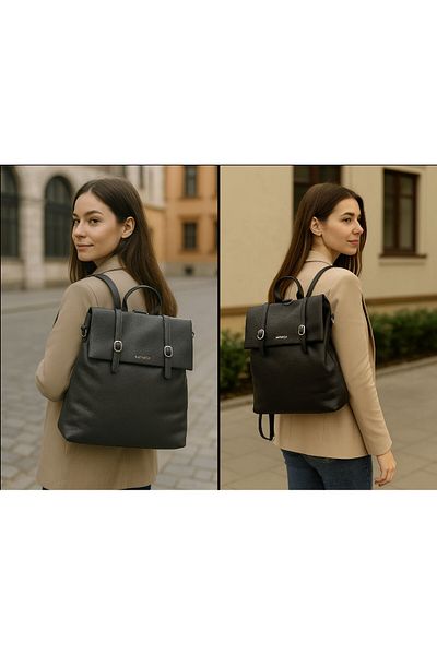 Micutz Large Spacious Women's Backpack Made of Soft Textured Eco-Leather, 32x36x15 cm, Black Color