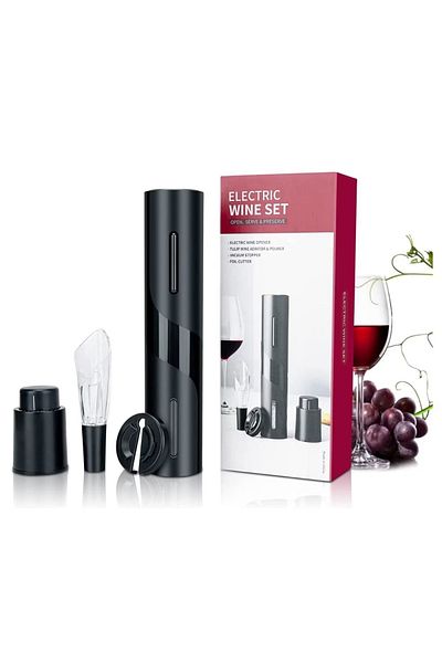 OEM Electric Tirbuson Set, 4 in 1 with Foil Cutter, Vacuum Stopper and Wine Aerator/Wine Pourer, Black