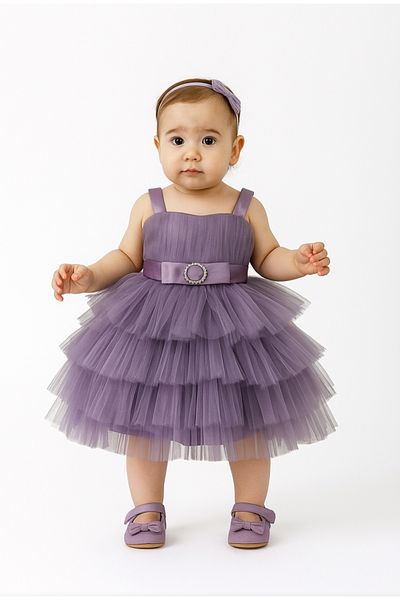 kent of kıds Baby Girl-Child Strap Lined Zipper Closure Back Elastic Layered Tulle Evening Dress