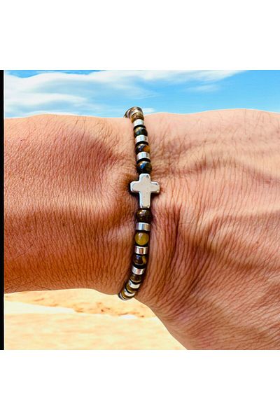 Rachel Silver Adjustable Hematite Stone Drawstring Cross Bracelet with Tiger's Eye Natural Stone