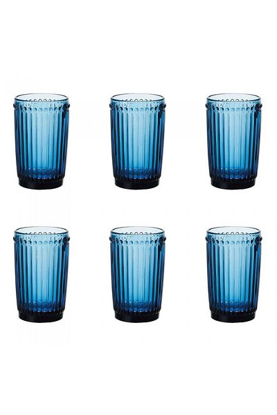 Raki Set 6 pahare sticla bauturi racoritoare, albastre OLD SCHOOL forme relief 8x12,5cm 360ml