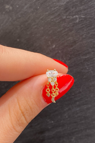 La femme by begum Oval ve Üç Taş Üçgen Saçaklı Ay Arka Top Döndürmeli Gold Gü...
