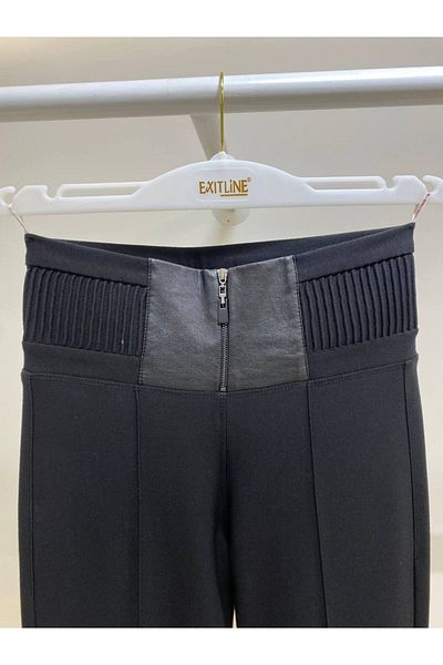 EXİTLİNE Women's Winter Elastic Waist Leather Zippered Black Skinny Leg Trousers