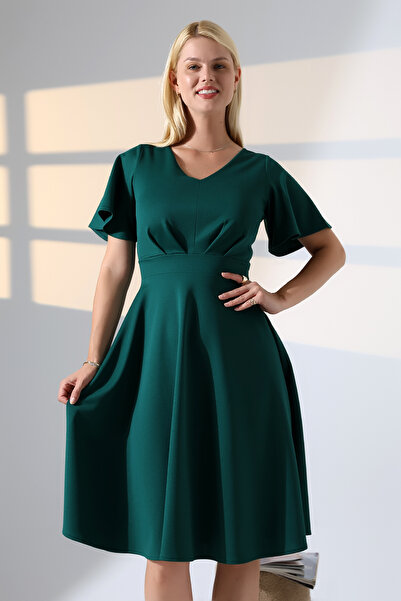 Fasmia YEŞİL V YAKA ÖN PİLELİ ELBİSE