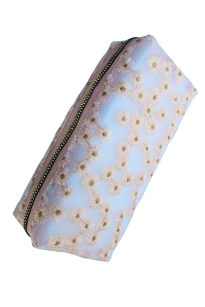 Glanart Несесер за моливи с бродерия от мрежа с едно отделение, прозрачен роз...